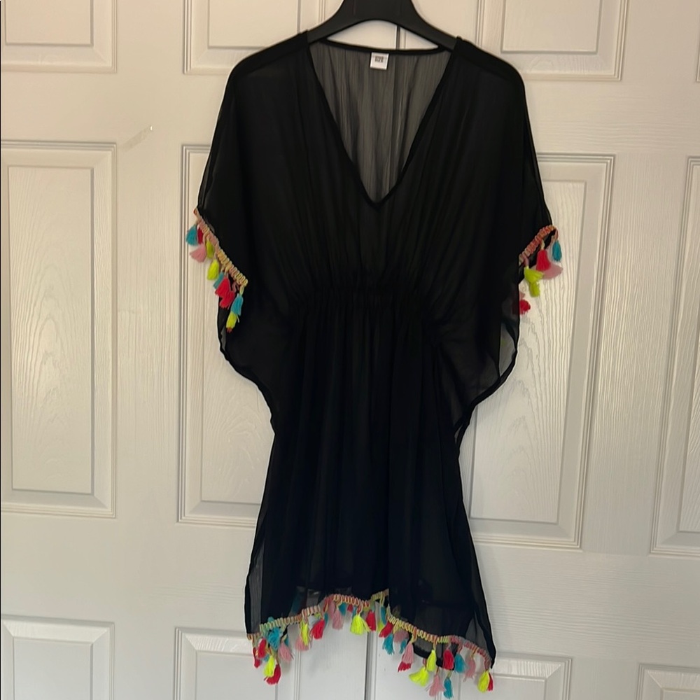 Black Sheer Asymmetrical Dolman Sleeve Swim Coverup W/ Colorful Tassels One Size